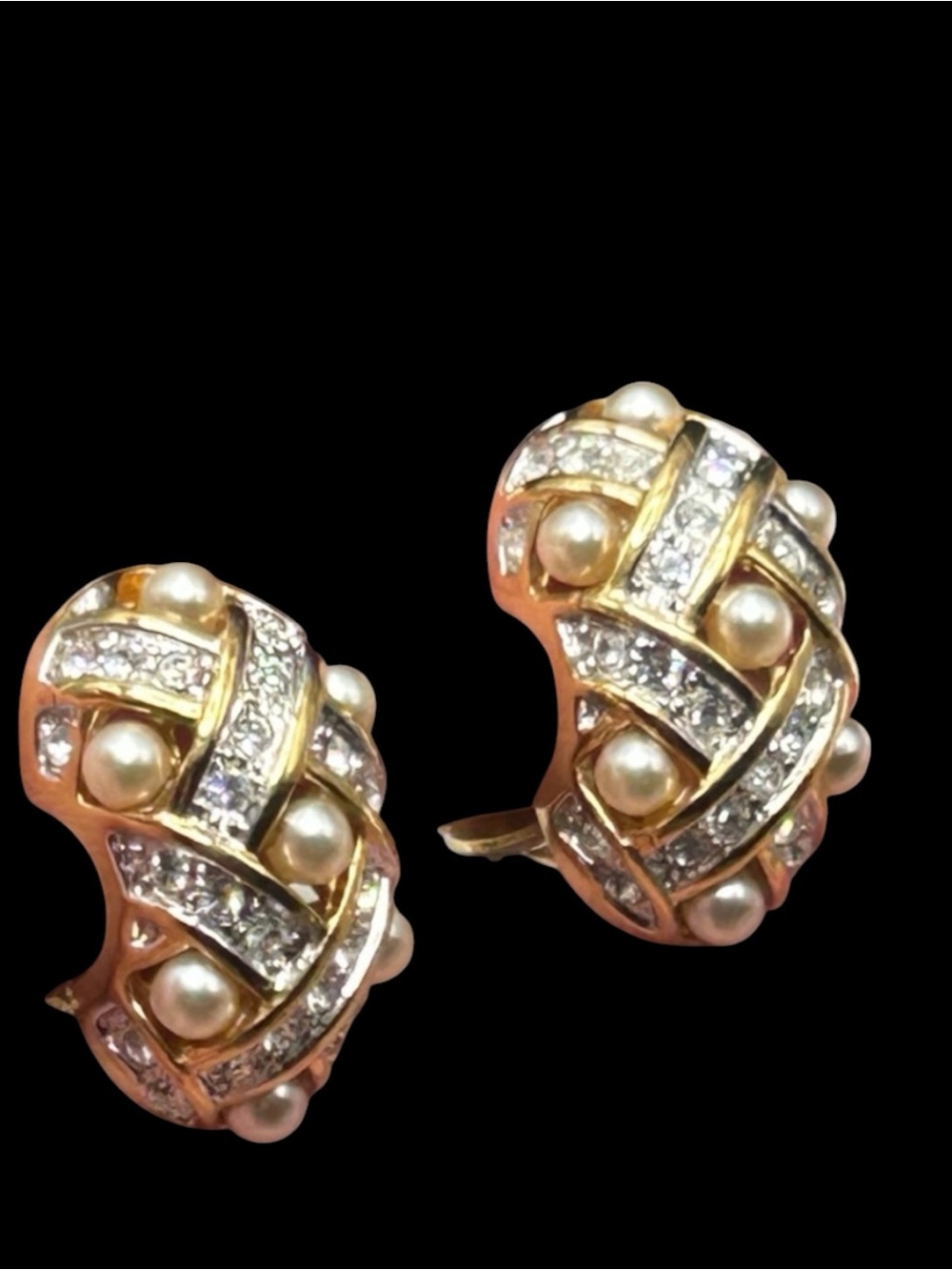 Vintage Carolee Half Hoop Pearl Rhinestone Earrings